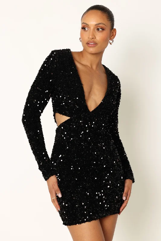 Stretch Design Kelly Long Sleeve Sequin Mini Dress - Black