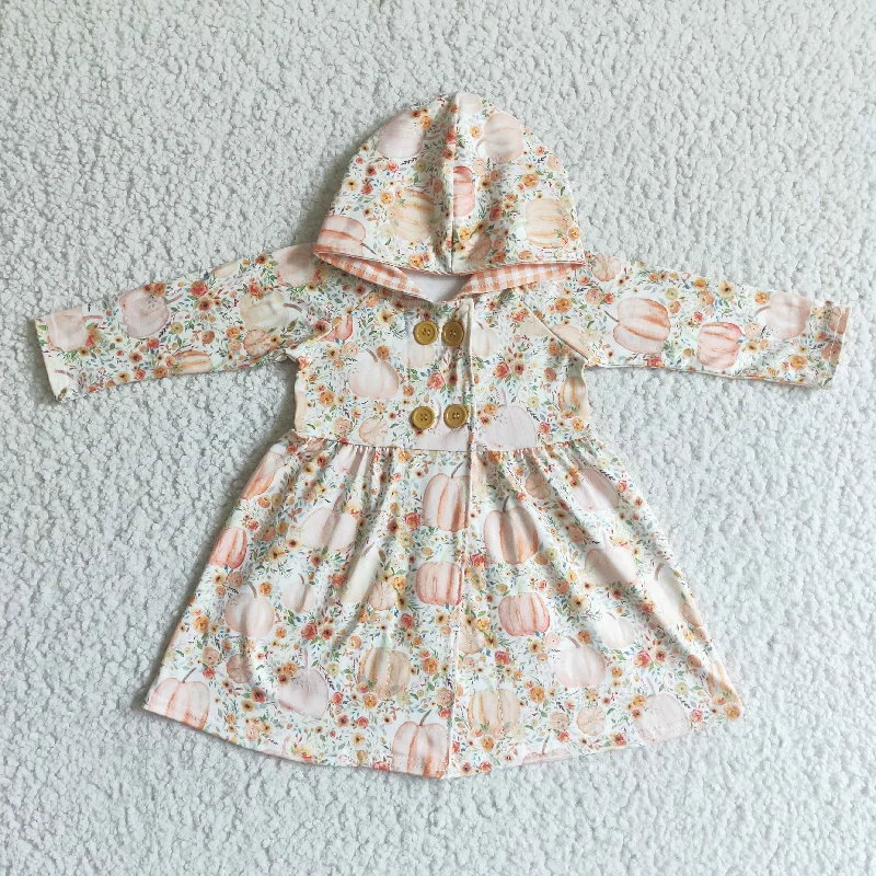 Must-have For Autumn And Winter GT0008 girl long sleeve hoodie dress children pumpkin and flowers pattern outwear with buttons Must-have For Autumn And Winter GT0008 girl long sleeve hoodie dress children pumpkin and flowers pattern outwear with buttons