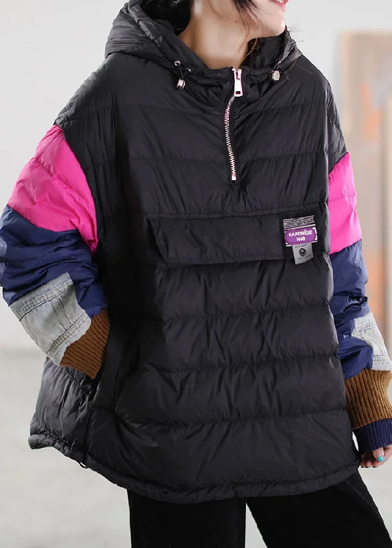Personalized Series Fitted Black Hooded Patchwork Duck Down Winter down coat