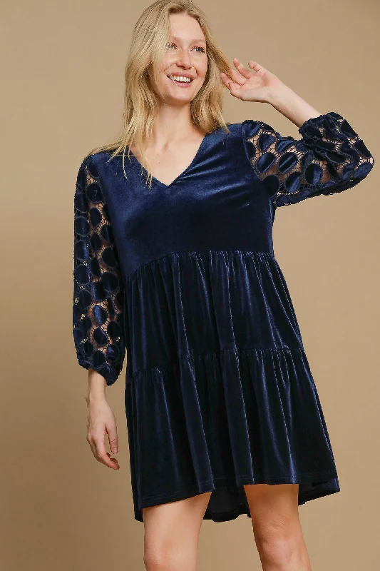 High-end Customization Dotted Lace Sleeve Tiered Velvet Mini Dress