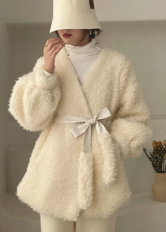 End Of The Year Classy White Cinched thick Faux Fur Winter Coat