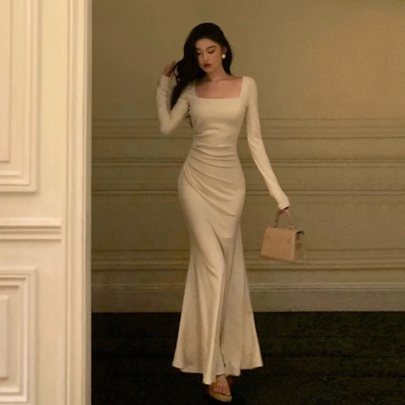Personalized Wear Long-sleeved dress for women new square neck long dress     S5494
