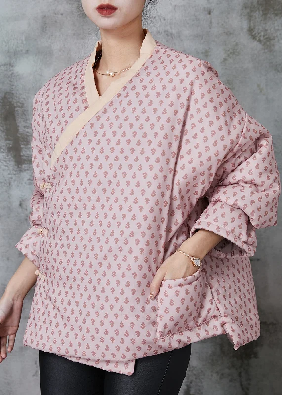 Classic Style Art Pink Print Chinese Button Fine Cotton Filled Coat Spring