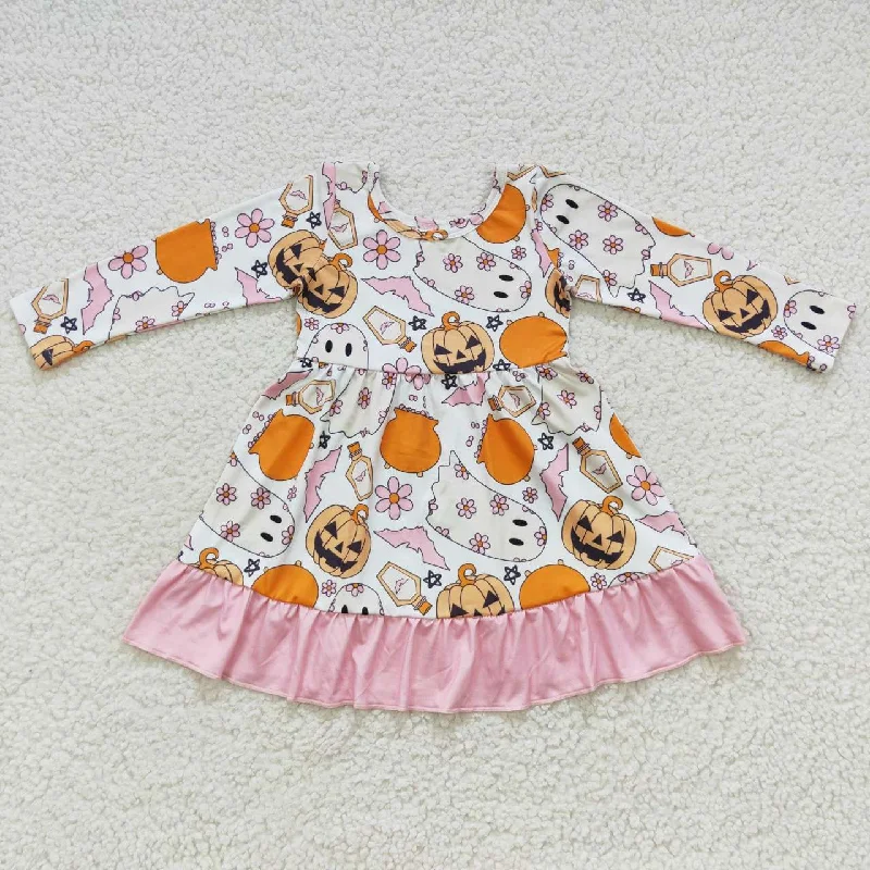 Exquisite Embroidery Halloween pumpkin ghost floral pink lace print long sleeve dress GLD0244 Exquisite Embroidery Halloween pumpkin ghost floral pink lace print long sleeve dress GLD0244