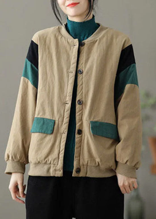 Urban Sense Modern Khaki O-Neck Pockets Patchwork Fine Cotton Filled Jacket Spring
