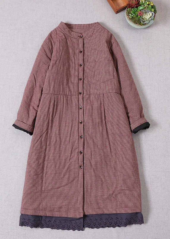 Spiritual Vitality Modern Red Stand Collar Plaid Fine Cotton Filled Winter Coats
