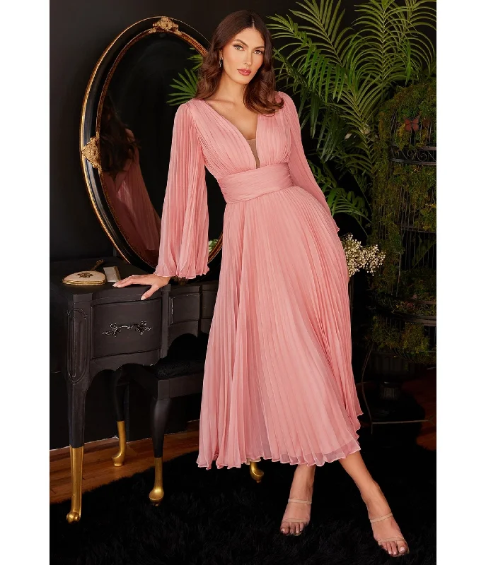 Comfortable Fashion Cinderella Divine  Rose Gold Pleated Midi Bridesmaid Dress