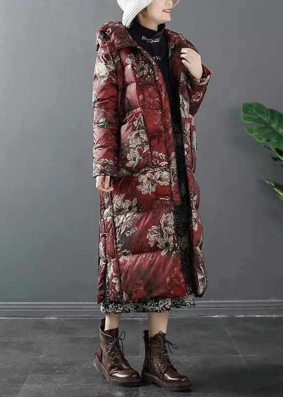 Stretch Design Chic Red Hooded Print Duck Down Winter down coat