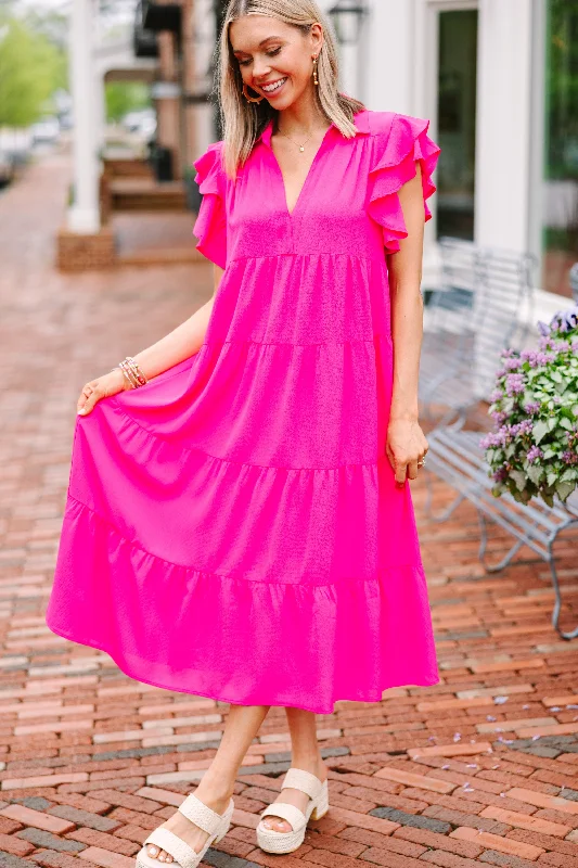 Exquisite Design Look You Up Fuchsia Pink Ruffled Midi Dress