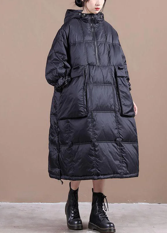 Age-reducing Style Black Pockets Fine Cotton Filled Parka Zip Up Winter