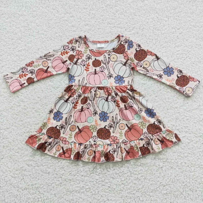 High-quality Styles Girls pumpkin cactus floral long sleeve dress GLD0255