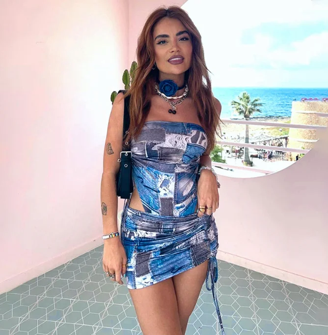 Fashion Innovation Strapless Printed Side Drawstring Mini Dress