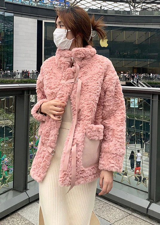 Fresh And Fashionable Pink Stand Collar tie Faux Fur Coat Winter