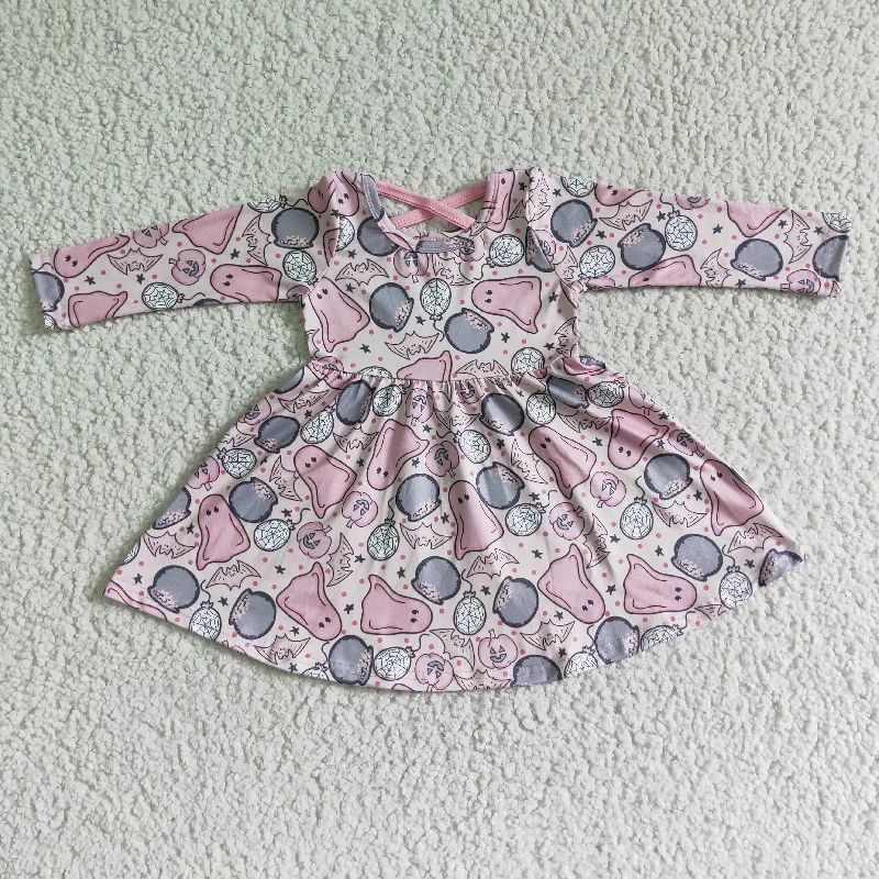 Age-reducing Style GLD0027 halloween girl long sleeve twirl dresss with pink ghost pattern Age-reducing Style GLD0027 halloween girl long sleeve twirl dresss with pink ghost pattern