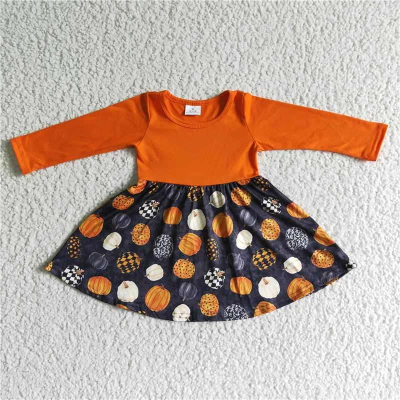 Celebrity Style kids pumpkin printed long sleeve patchwork Dress GLD0011