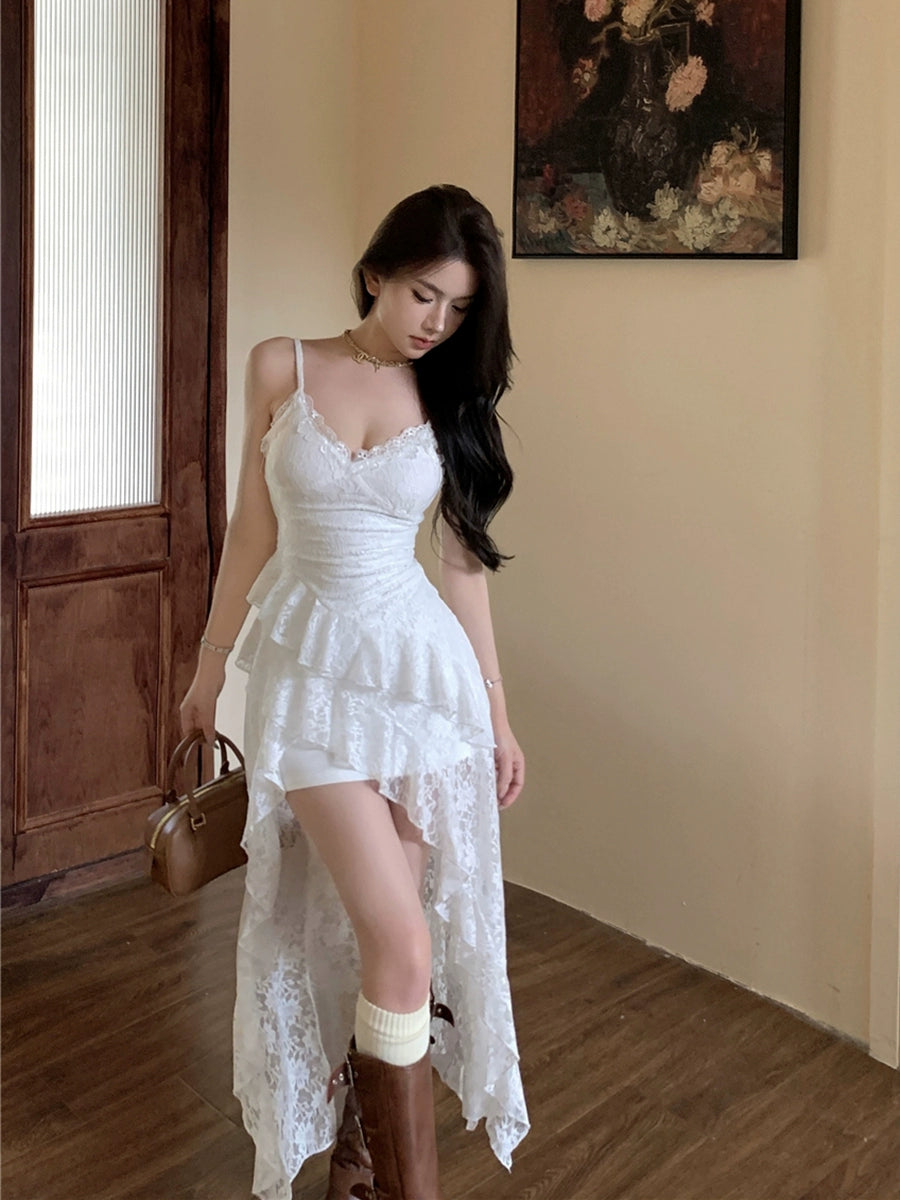 Elegant Design Lace V-neck dress for women irregular white beautiful mid-length party dress S5909 Elegant Design Lace V-neck dress for women irregular white beautiful mid-length party dress S5909