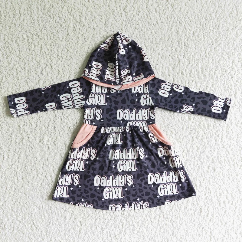 Embroidery Design daddy's girl long sleeve hoodie children autumn leopard dress with pockets Embroidery Design daddy's girl long sleeve hoodie children autumn leopard dress with pockets
