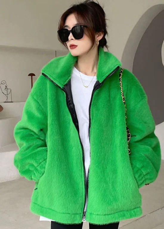 Breathable Design DIY Green Zip Up Mink velvet thick Winter outwear