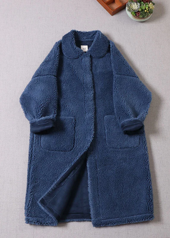 Classic Color Unique Blue Peter Pan Collar Button Faux Fur thick Winter Coat