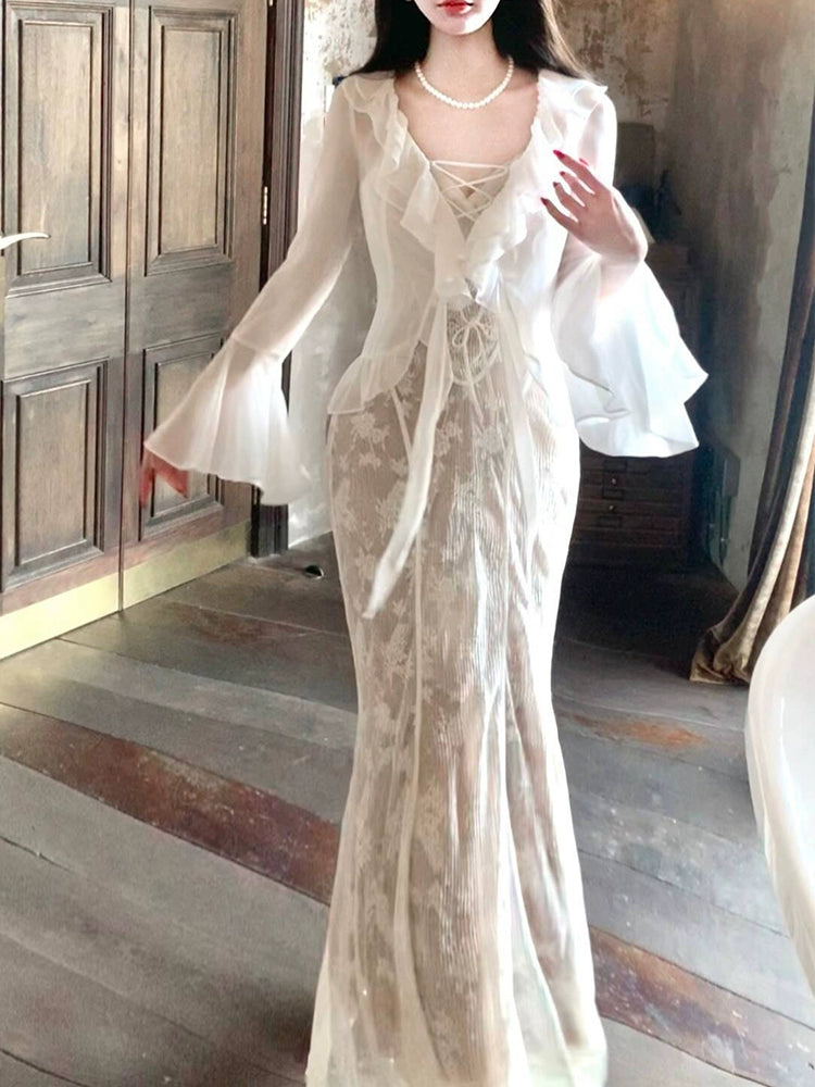 Comfortable And Casual lace pleated suspender dress women's chiffon cardigan clothing suit   S6137