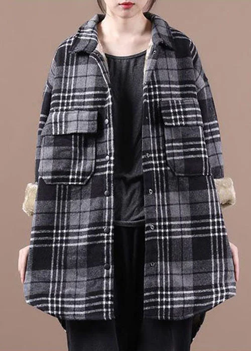 Exquisite Embroidery Plus Size Black Asymmetrical Plaid Fleece Wool Lined Coats Winter