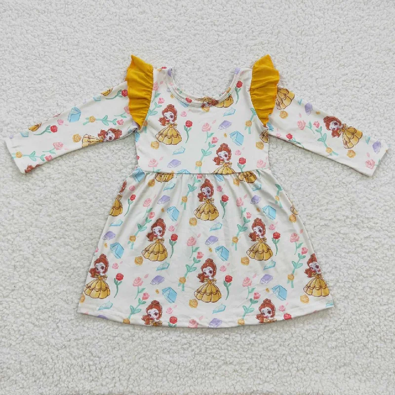 Personalized Design Girls cartoon princess yellow floral long sleeve dress GLD0250