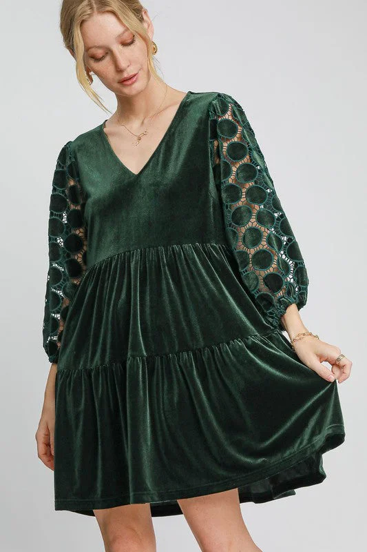 New Season Series Dotted Lace Sleeve Tiered Velvet Mini Dress