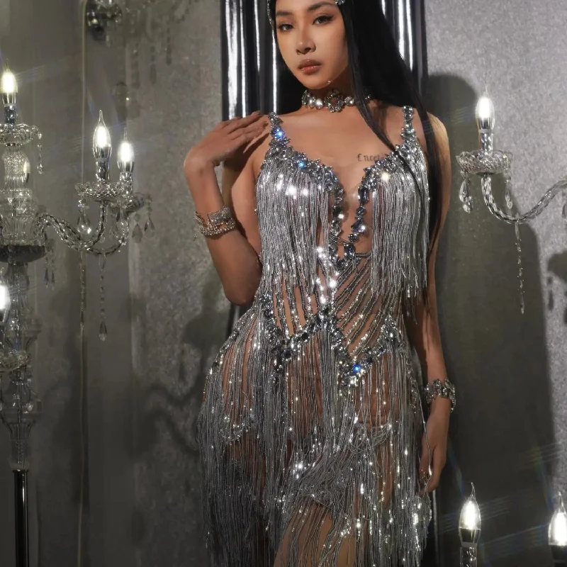 Modern Tailoring Sleeveless Mesh Sequins Tassel Mini Dress