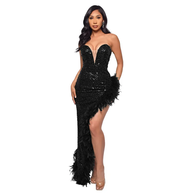 New Autumn And Winter Styles Gorgeous Strapless Sequined Feather Decoration Party Dresses New Autumn And Winter Styles Gorgeous Strapless Sequined Feather Decoration Party Dresses
