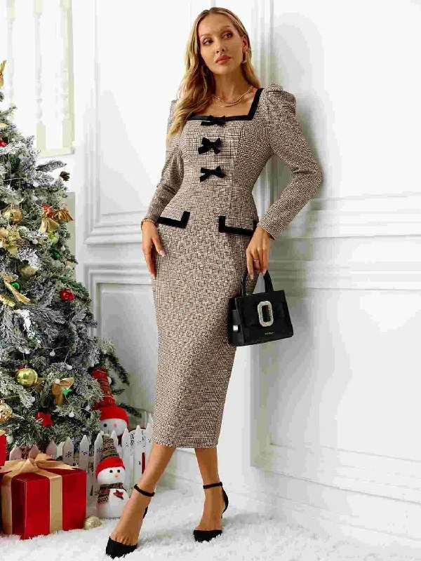 Fashion Style Bow Plaid Square Neck Puff Sleeve Dress