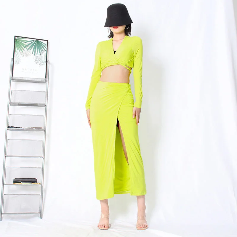 Classic Style Sexy V Neck Long Sleeves Top and Split Front Skirt Sets