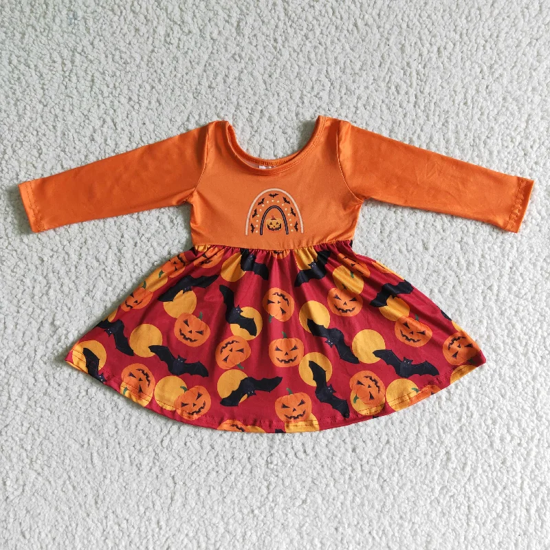 Spiritual Vitality GLD0016 girl orange color long sleeve stitching twirl dress with pumpkins Spiritual Vitality GLD0016 girl orange color long sleeve stitching twirl dress with pumpkins