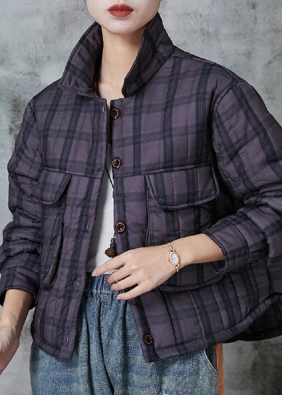Practical Style Handmade Purple Plaid Pockets Fine Cotton Filled Women Witner Coats