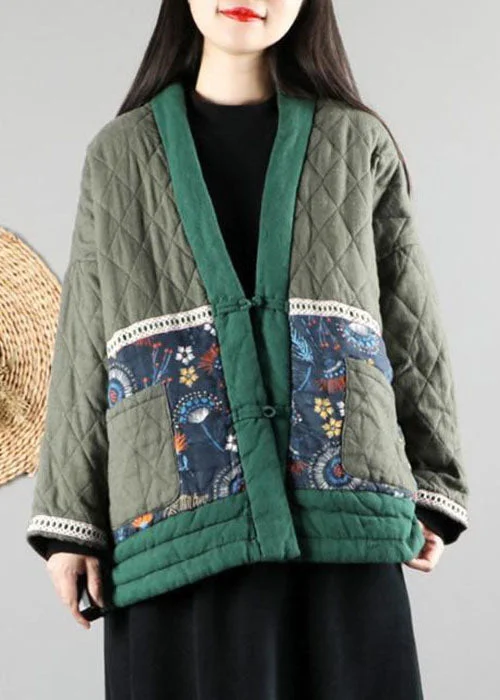 Cute Design Women Green V Neck Fine Cotton Filled Puffers Jackets Winter