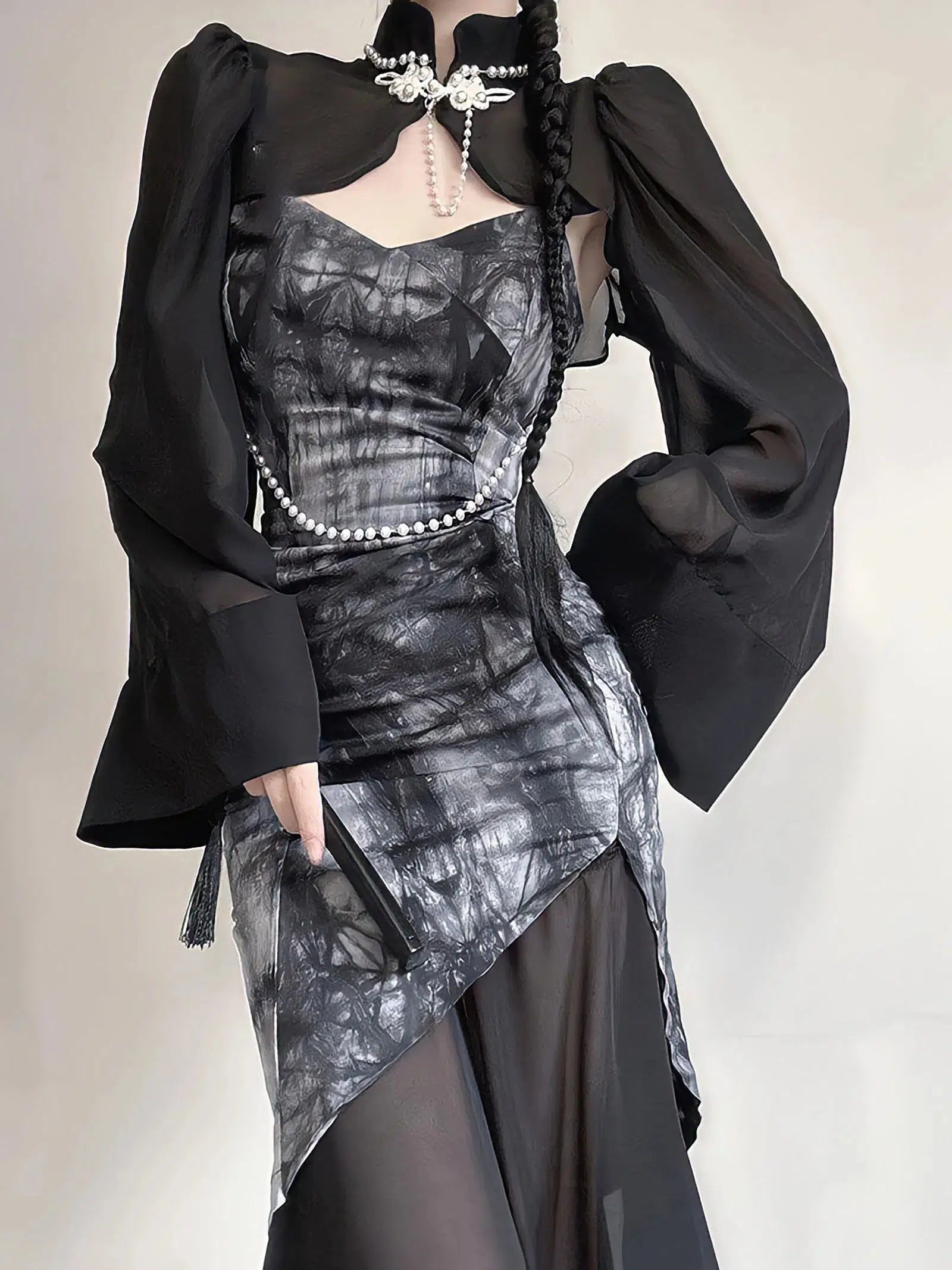 Exquisite Embroidery Goth Wide Sleeve Qipao Midi Dress