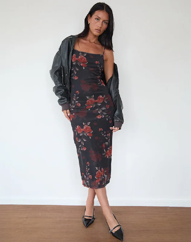 Breathable Design Nori Midi Dress in Watercolour Rose Black