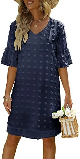 Boutique Recommendation V-Neck Chiffon Swiss Dot Short Sleeve Dress