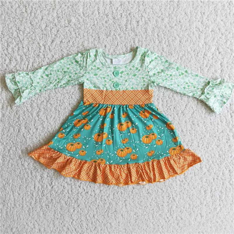 High Street Style kids pumpkin printed green long sleeve Dress 6 A14-26