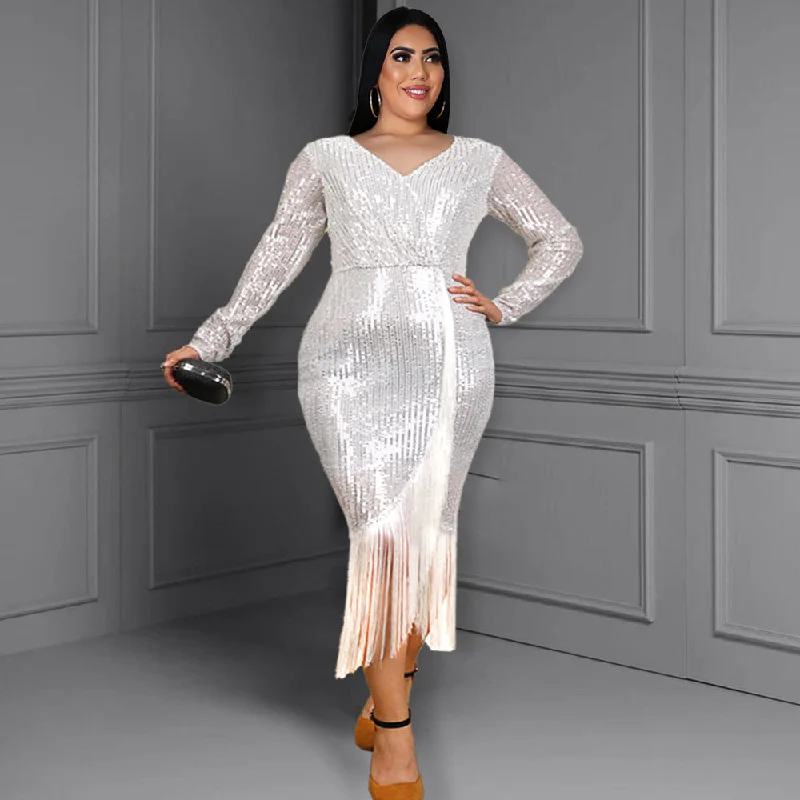 Luxury Style Sexy Elastic Sequin Tassels Plus Sizes Party Dresses