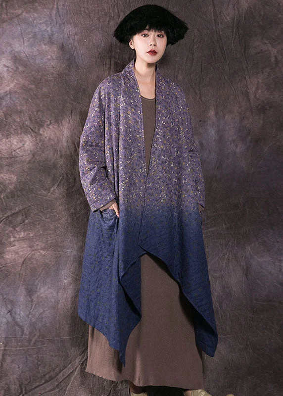 Comfortable Mind Boho Blue Print Pockets Fine Cotton Filled Winter wrap coat