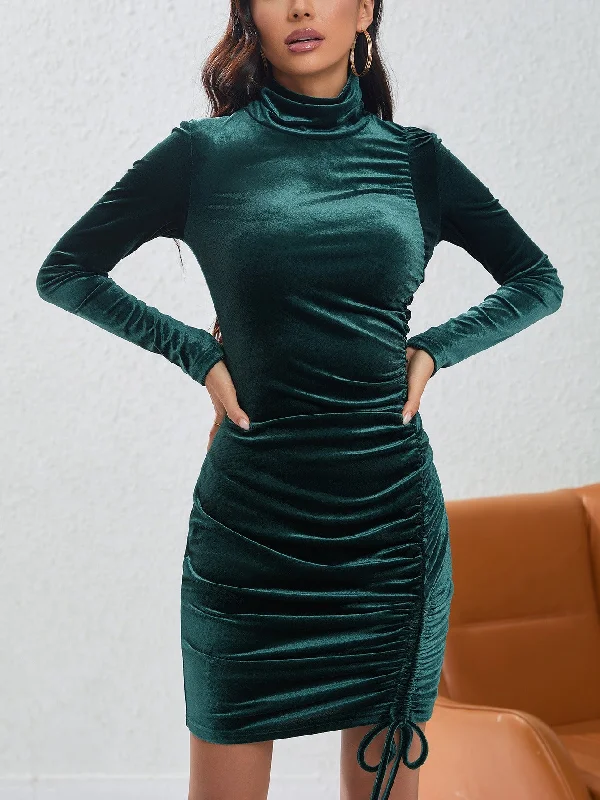 Youthful Street Fashion Velvet Turtleneck Long Sleeve Ruched Drawstring Bodycon Mini Dress (Blackish Green/Black)
