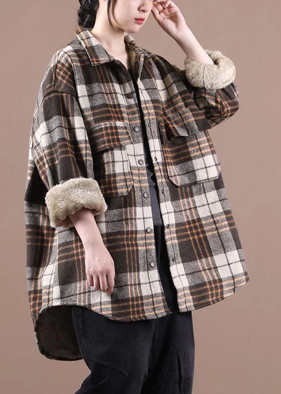 Fresh And Capable Chocolate Plaid Fleece Wool Lined outwear Peter Pan Collar Winter