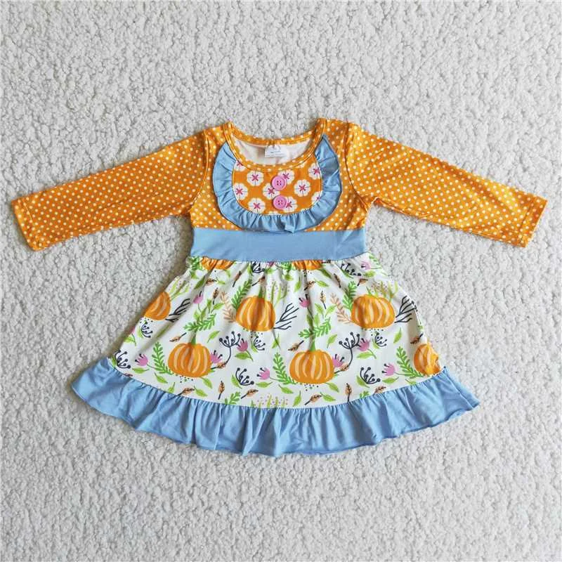 Spring Fashion kids pumpkin floral long sleeve Dress 6 A12-30