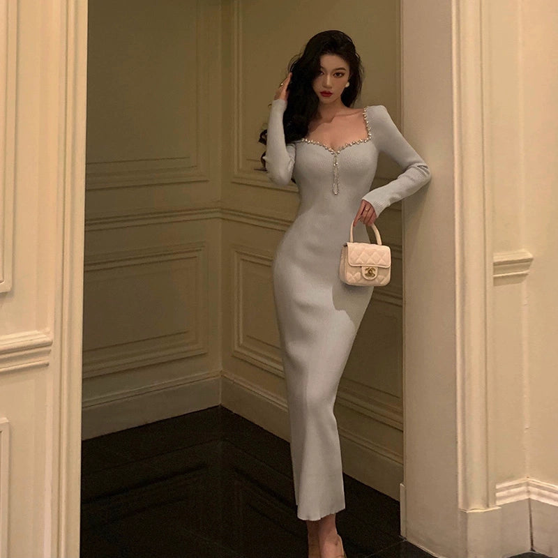 High-end Customization knitted dress long-sleeved sexy party dress    S5514