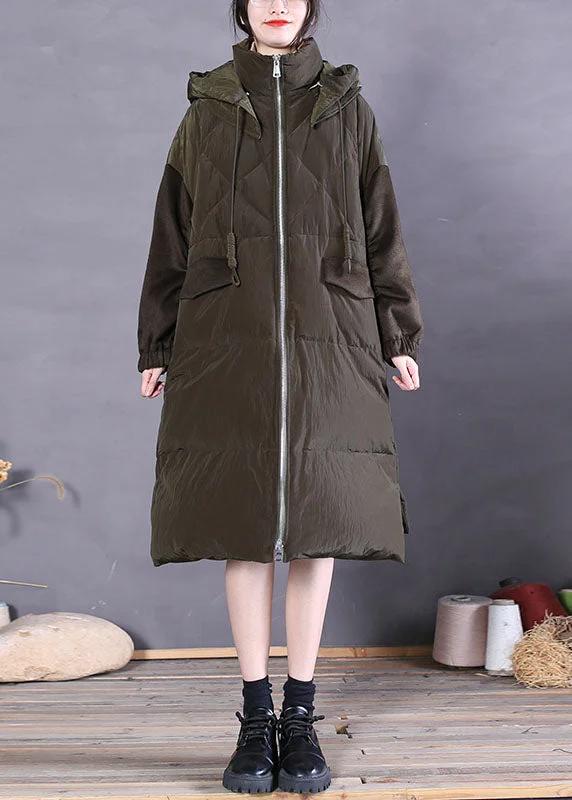 Warm Atmosphere Vintage Green Zip Up Fine Duck Down Puffer Coat Winter