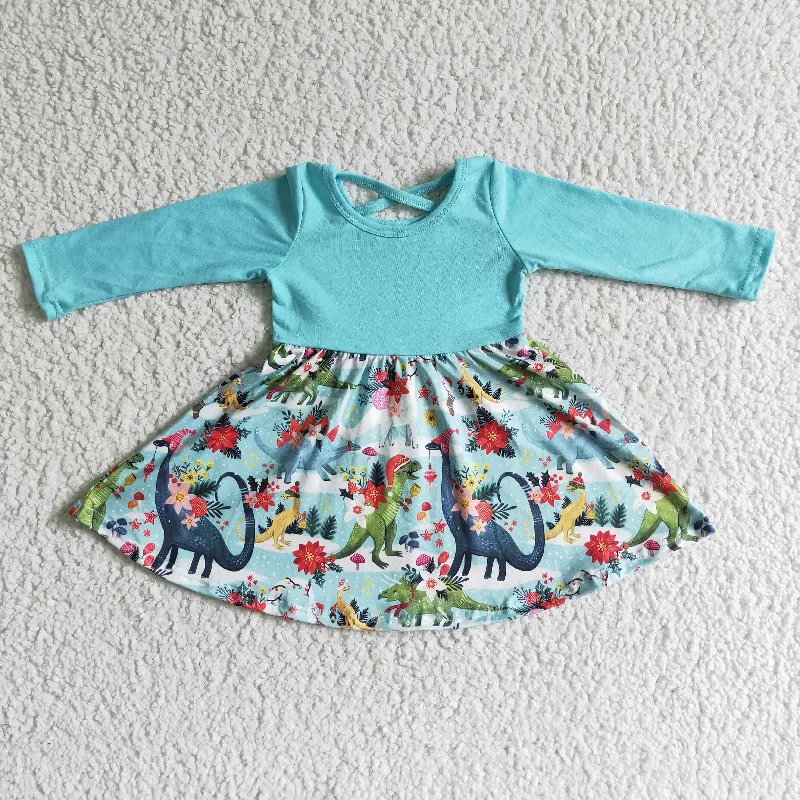 Multifunctional Style little girls blue long sleeve twirl dress christmas dinosaur and flowers pattern frock Multifunctional Style little girls blue long sleeve twirl dress christmas dinosaur and flowers pattern frock
