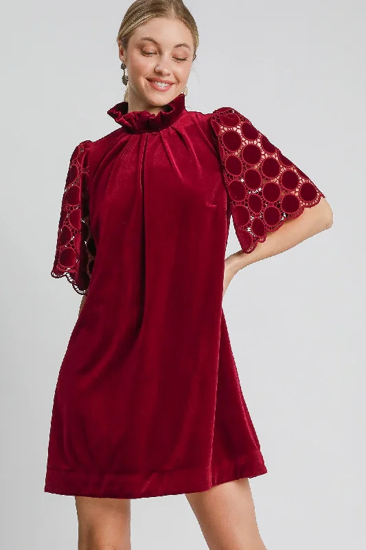 Printed Patterns Dotted Lace Half Sleeve Mock Neck Back Tie Velvet Dress