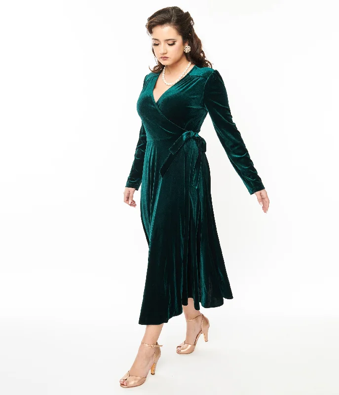 Fashion Innovation Collectif 1940s Green Velvet Kendra Wrap Dress
