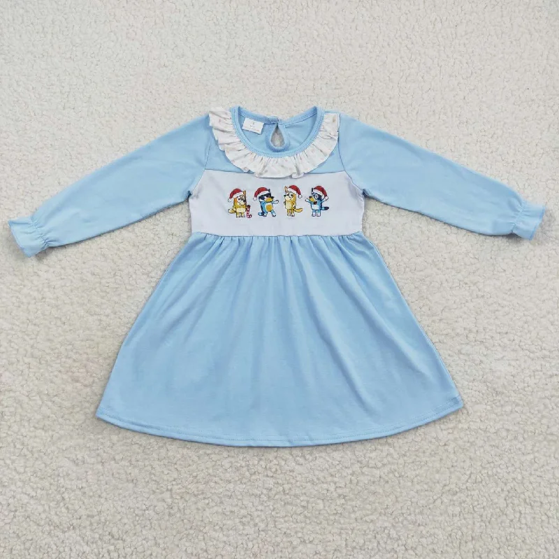 Modern Tailoring GLD0328 baby girl christmas dog embroidery blue long sleeve dress