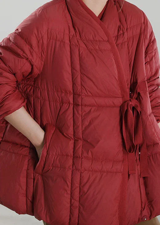 Classic Style Handmade Red V Neck tie waist Duck Down Down Coat Winter